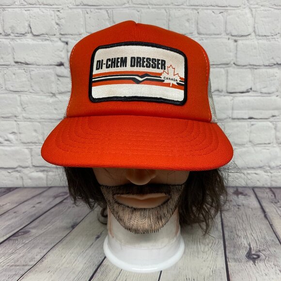 Vintage Trucker Hat Mesh Cap Snapback Orange White DI-CHEM Dresser Canada Patch - Picture 1 of 9